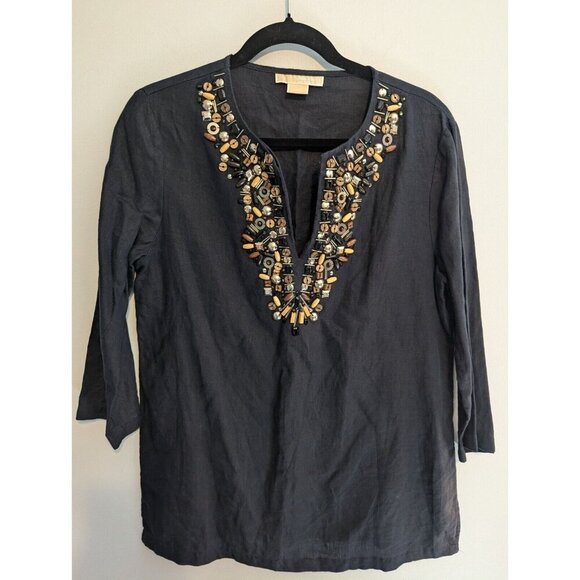 Michael Kors 100% Linen beaded Embellished 3/4 Sleeve Womens Tunic M resortwear - Picture 1 of 6